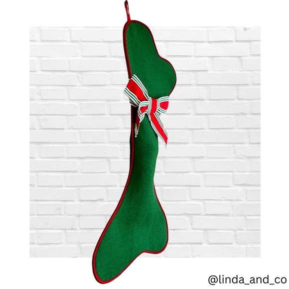 Christmas Stocking with Red White and Green Striped Bow Green Felt Dog Bone - Picture 2 of 10